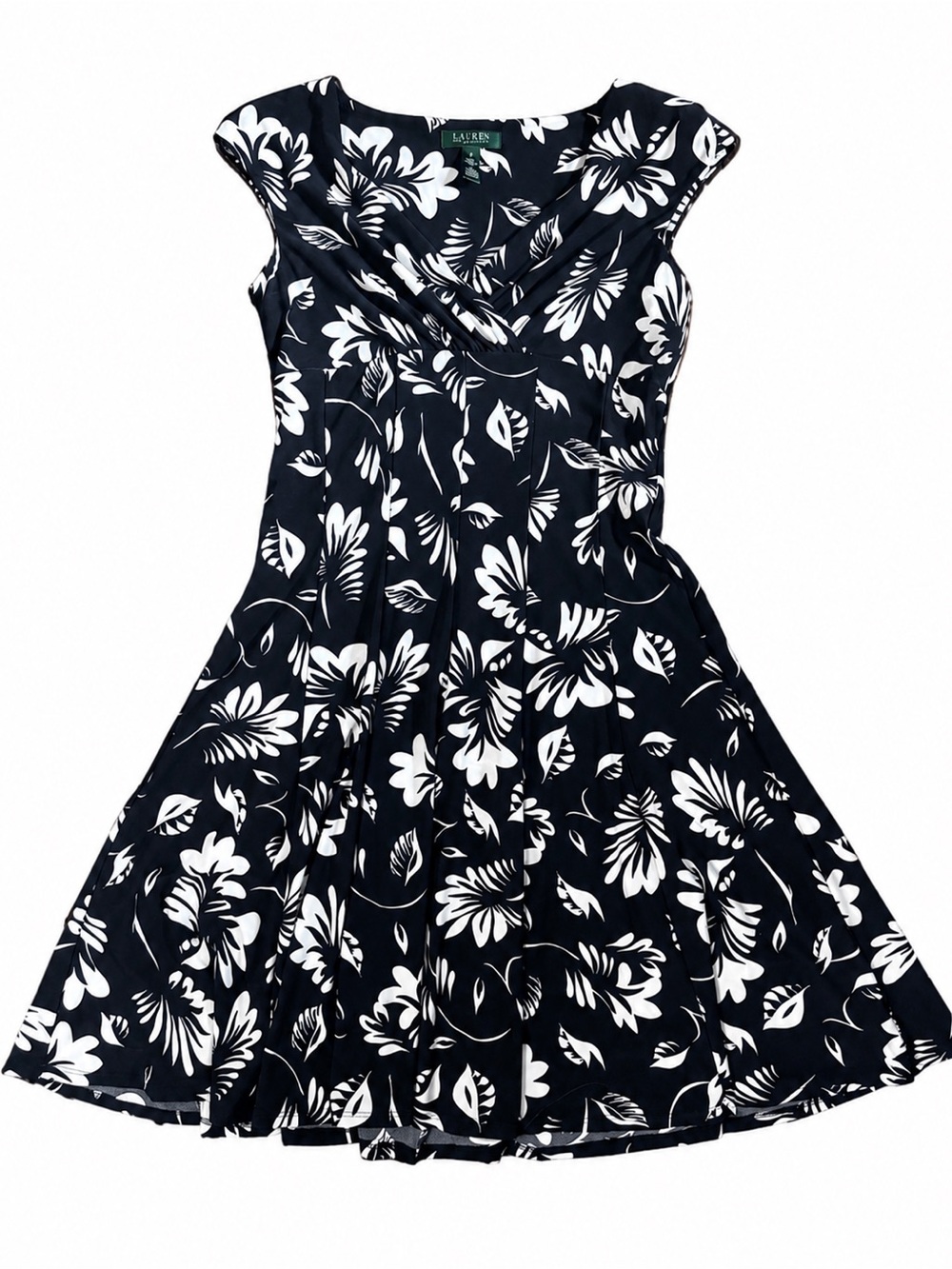 Ralph Lauren Black White Floral Fit & Flare Dress Size 10